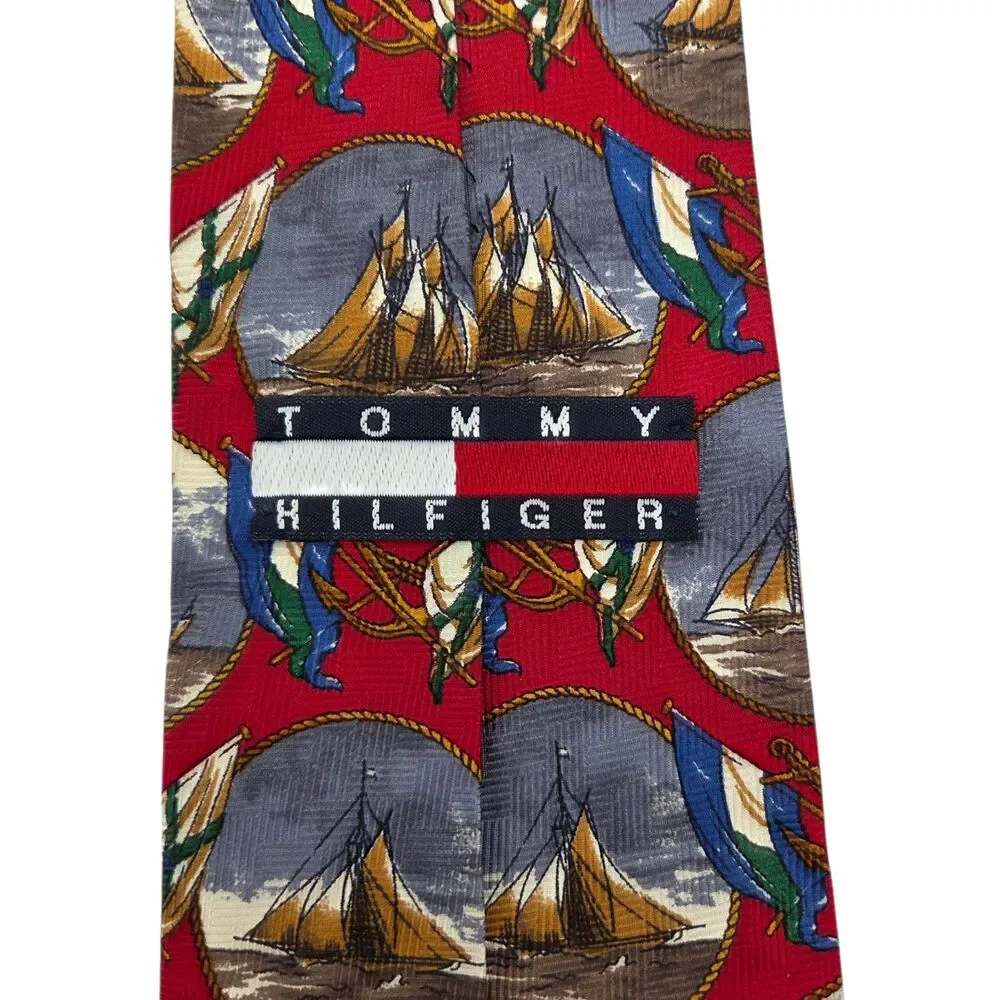 Vintage Tommy Hilfiger Mens Silk Tie Red Nautical Sailboat Ship Flag Made In USA